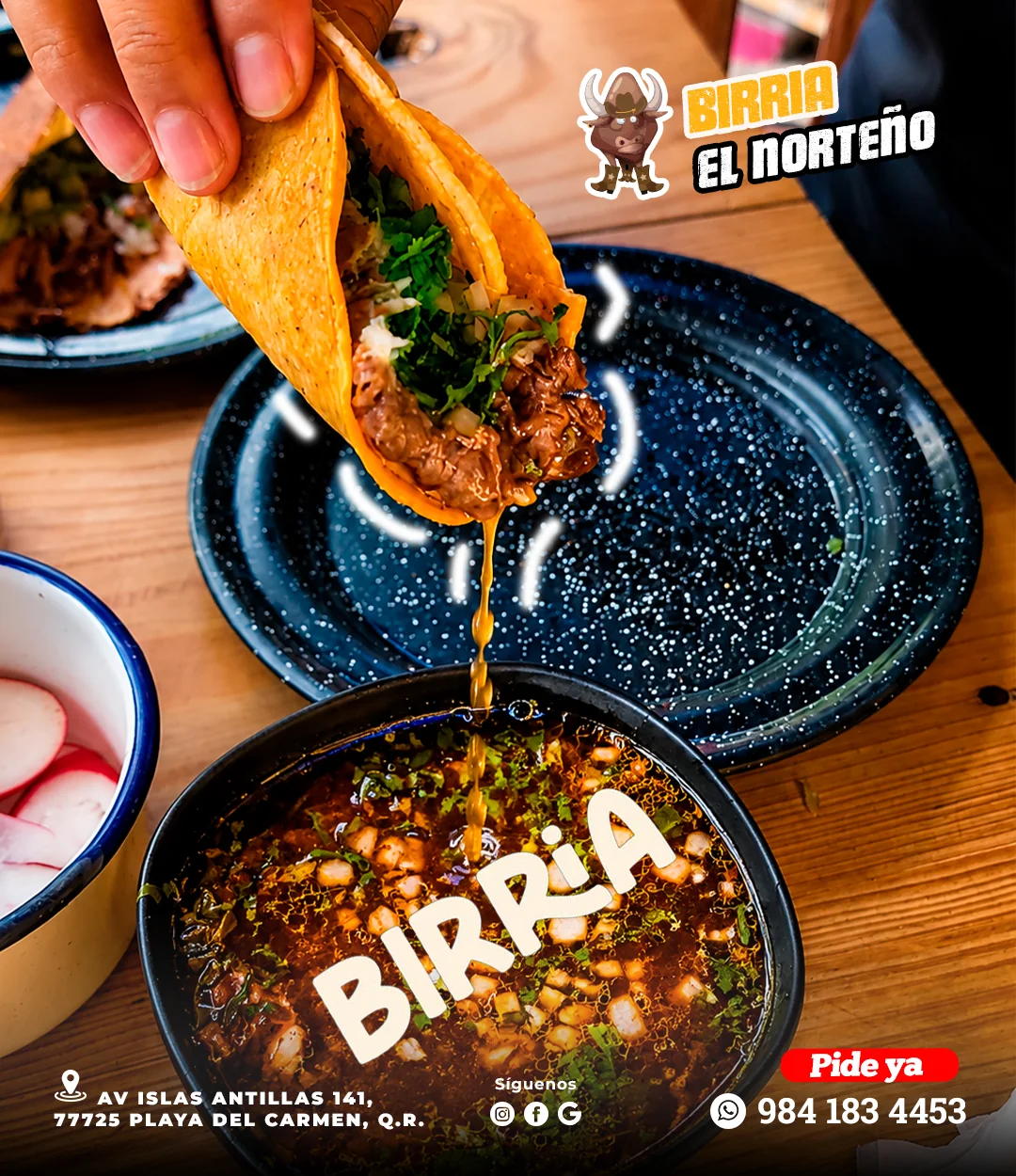 Contenido promocional de Birriería El Norteño con un taco de birria y consomé