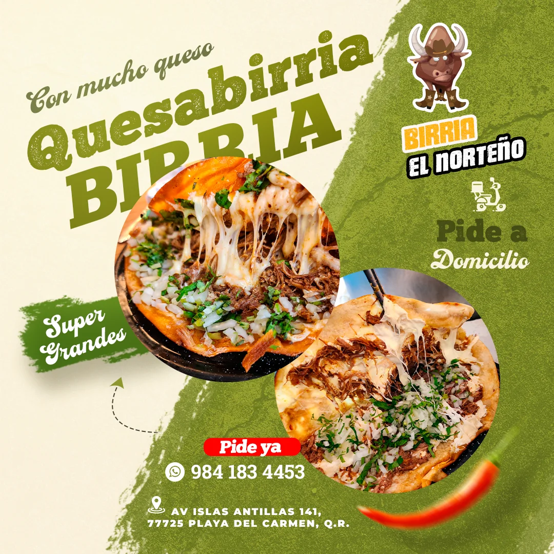 Diseño publicitario para redes sociales de Birriería El Norteño que promociona una quesabirria grande