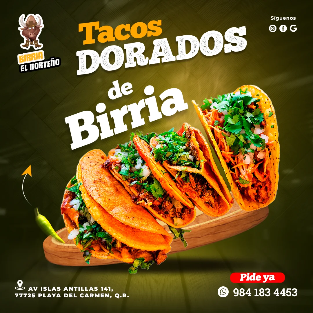 Banner publicitario de Birriería El Norteño para promocionar tacos dorados de birria