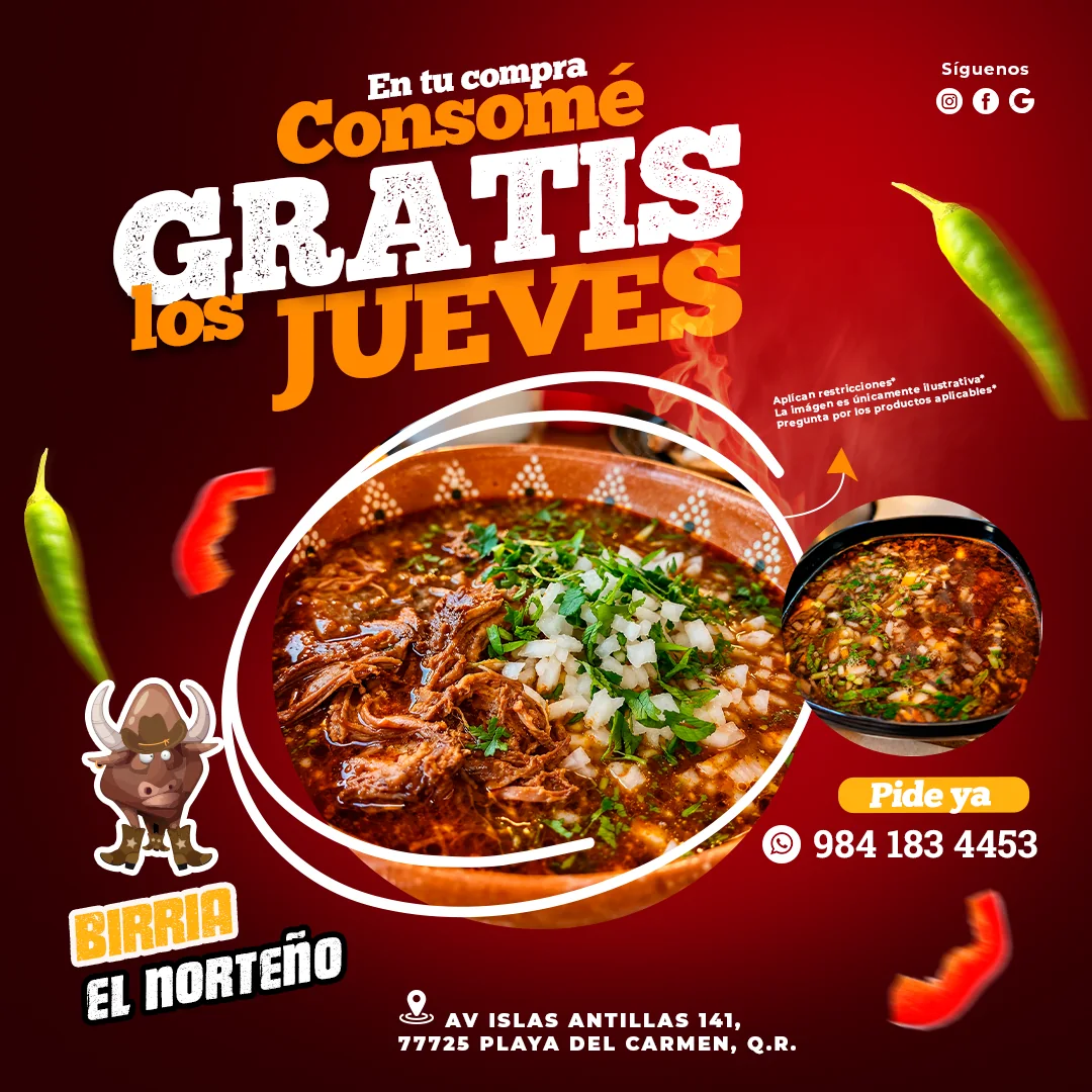 Diseño publicitario promocional de Birriería El Norteño con una oferta de consomé de cortesía