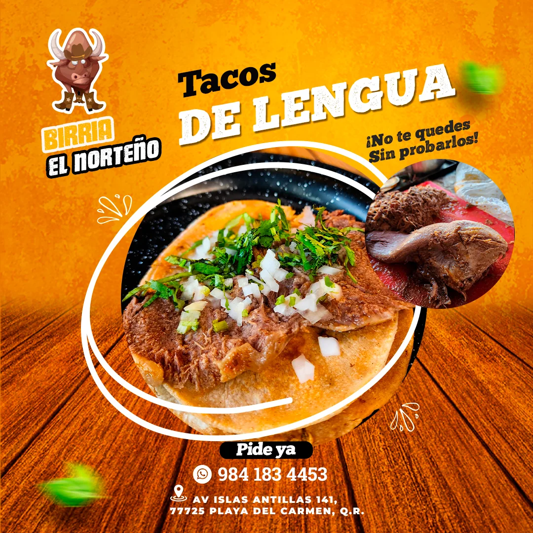 Gráfico publicitario para redes sociales de Birriería El Norteño que promociona tacos de lengua