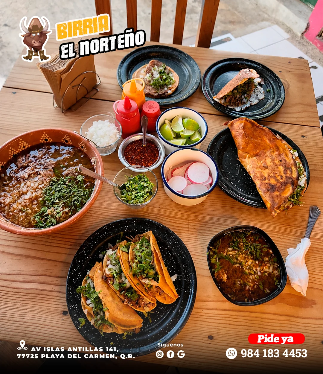 Diseño promocional para redes sociales de Birriería El Norteño con una mesa completa de platillos