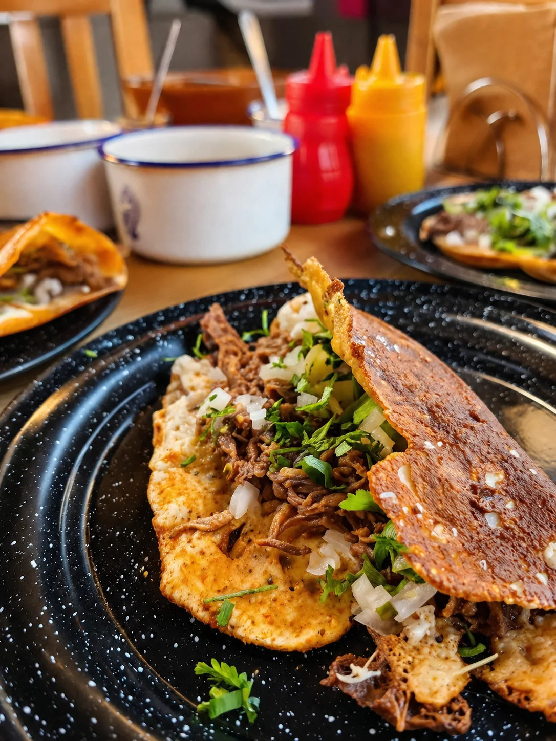 Fotografía de restaurante en primer plano de una preparación crujiente de birria sobre un plato negro