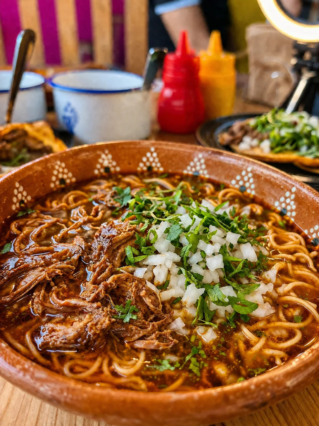 Fotografía gastronómica de birriamen con carne deshebrada, cebolla y cilantro