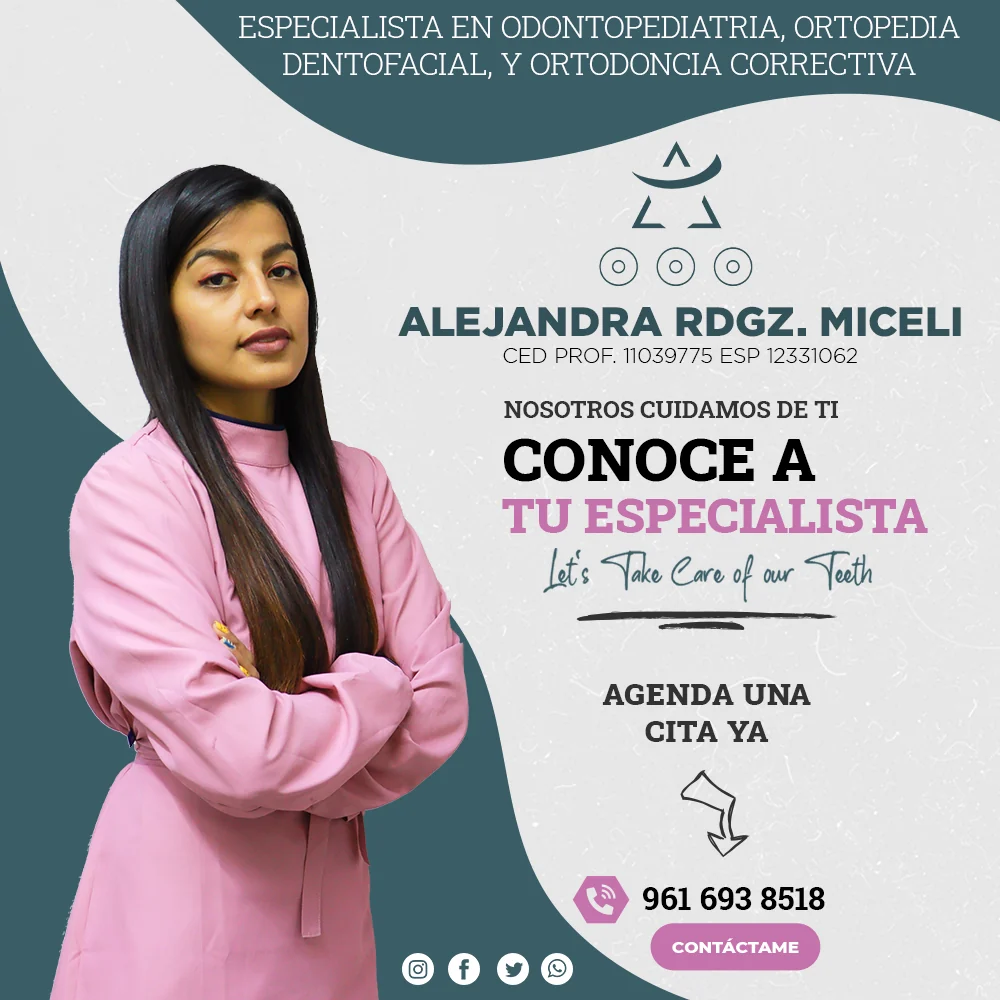 Diseño publicitario para redes sociales que presenta a la Dra. Alejandra Rodríguez Miceli como especialista dental