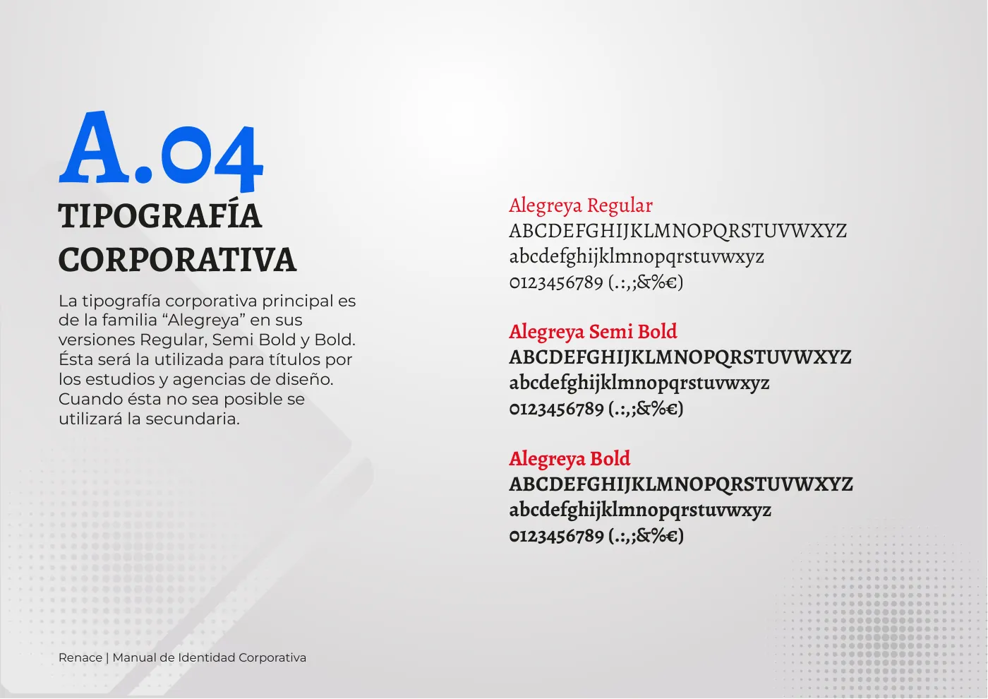 Manual de identidad corporativa de RENACE, página  11: Tipografía corporativa: Alegreya