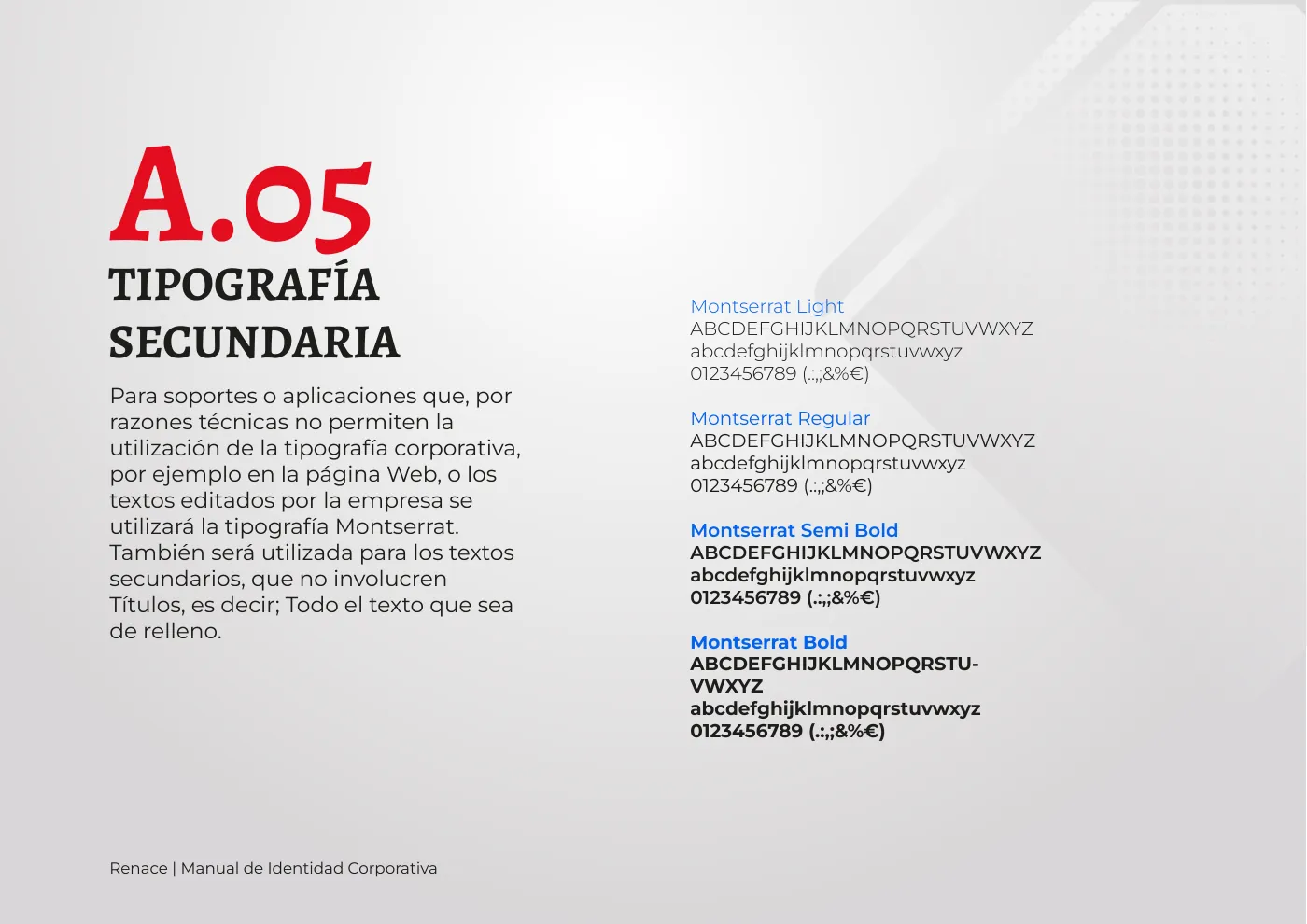 Manual de identidad corporativa de RENACE, página  12: Tipografía secundaria: Montserrat
