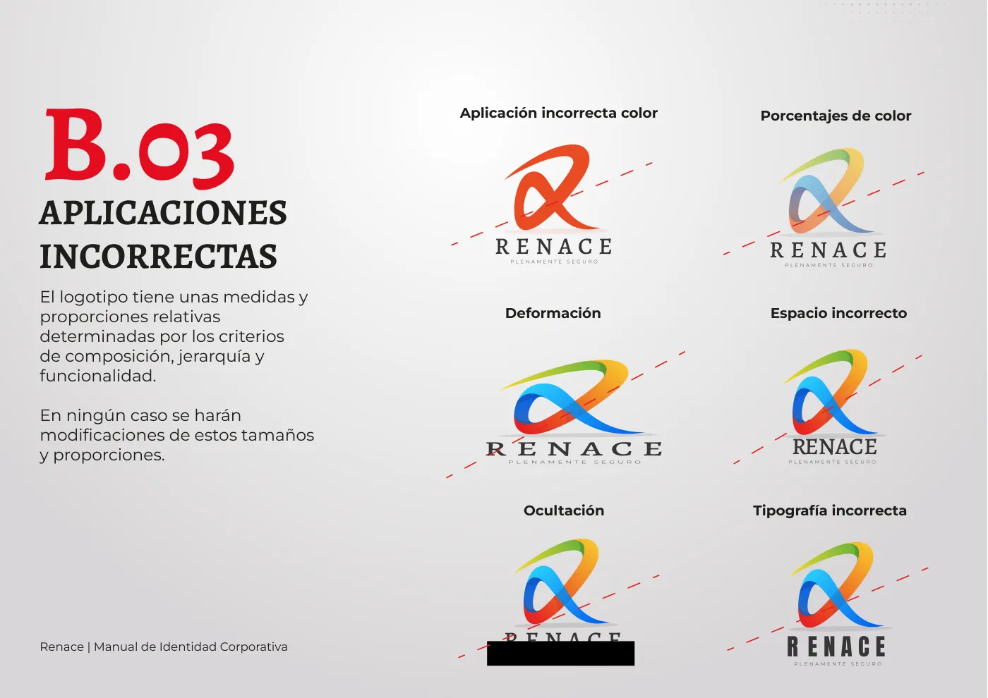 Manual de identidad corporativa de RENACE, página  16: Aplicaciones incorrectas del logotipo
