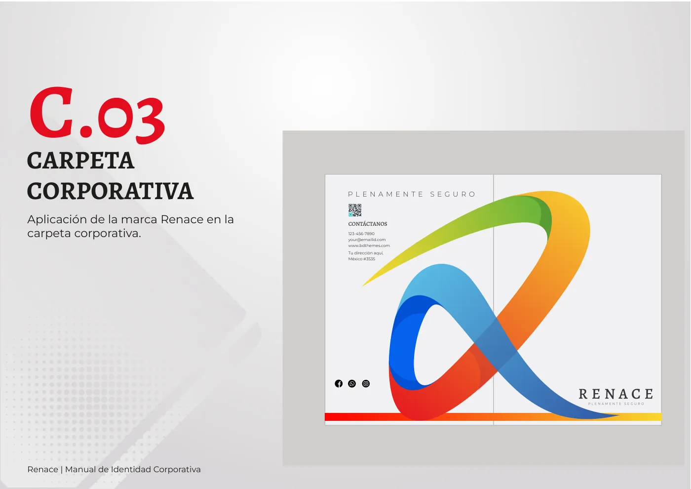 Manual de identidad corporativa de RENACE, página  21: Aplicación en carpeta corporativa