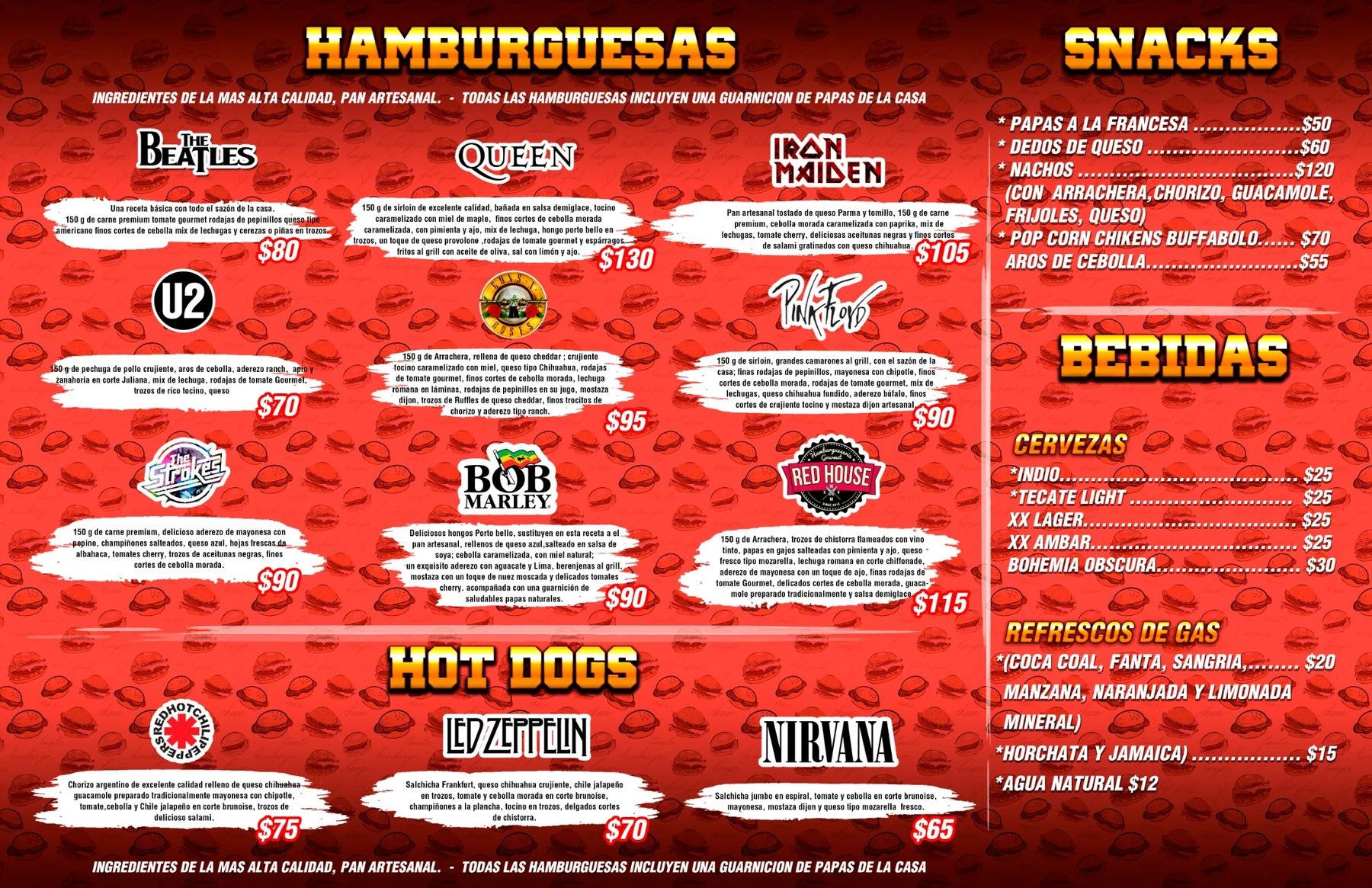 Lado de alimentos y bebidas del menú impreso de Red House