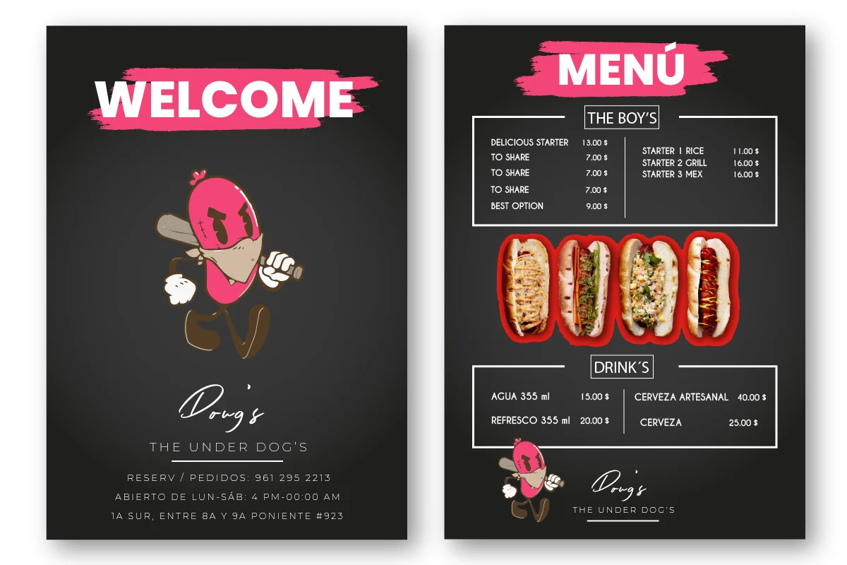 Mockup de bienvenida y menú de The Under Dog's